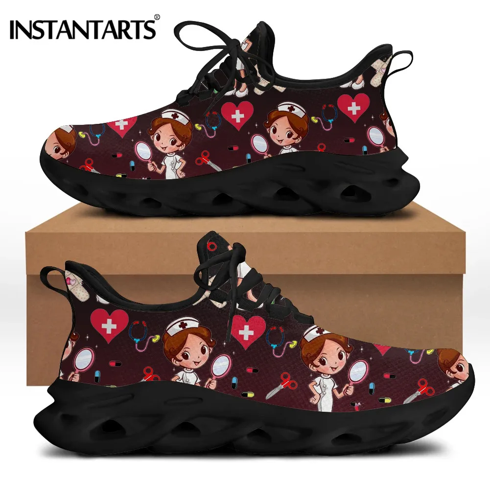

INSTANTARTS Black Nursing Shoes for Women's Cartoon Nurse Doctor Brand Design Casual Ladies Lace Up Flats Medical Sneakers
