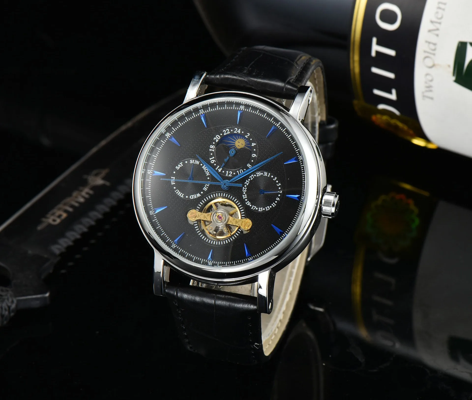 

Fashion new temperament three-eye six-needle running seconds sun, moon and stars tourbillon automatic mechanical watch gift tide