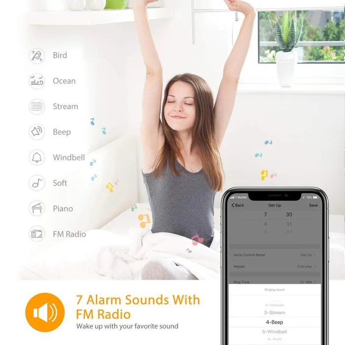 WIFI Voice Sound Alarm Clock LED Sunrise Simulation with FM Radio Snooze Clock TB Sale