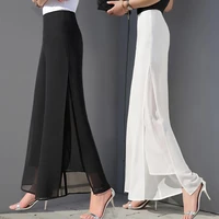 womens summer wide leg long trousers casual vintage high waist chiffon side split loose bohemia skirt pants capris solid