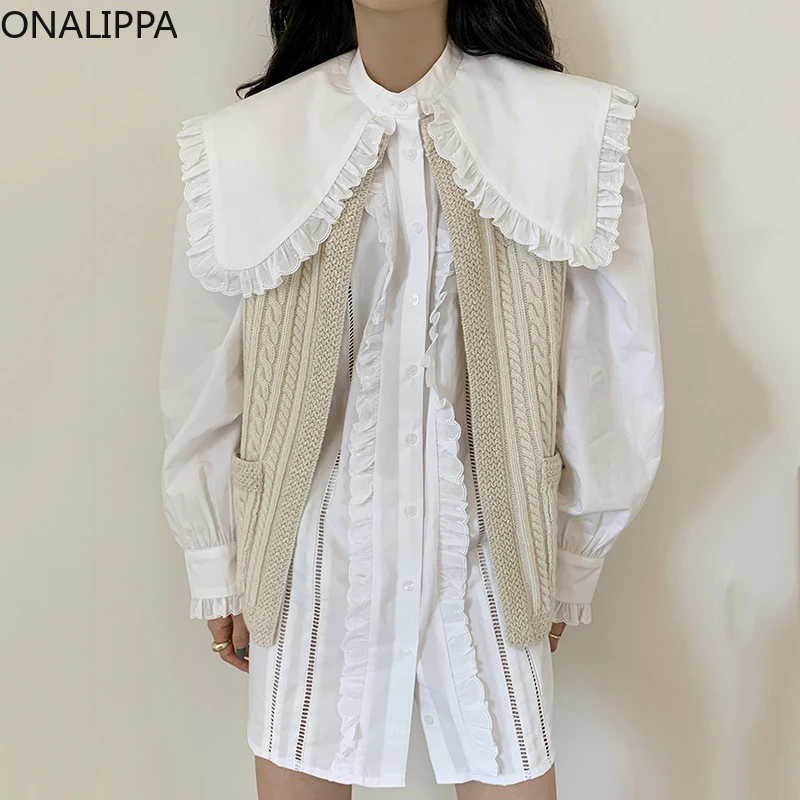 

ONALIPPA Sweet Set Women 2021 Autumn Korean Chic Simple All-Match Large Lapel Lace Shirt Dress Linen Pattern Knitted Vest Jacket