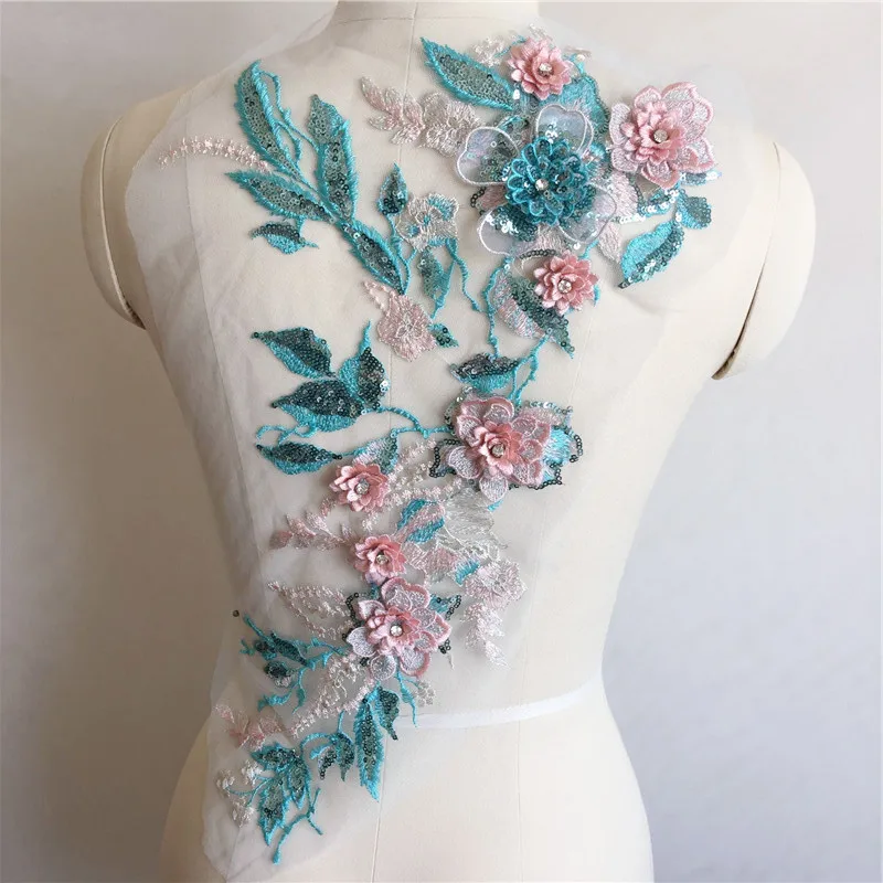 

6 Colors 3D Beading Hot Drilling Flower Patch Lace Applique Veil Performance Clothing Wedding DIY Accessories 50*25cm RS2583