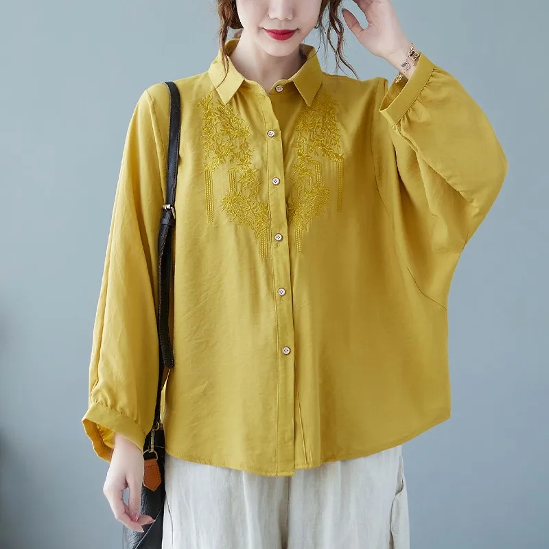 

Women Cotton Casual Shirts New Arrival 2021 Autumn Simple Style Vintage Embroidery Loose Female Long Sleeve Tops B650