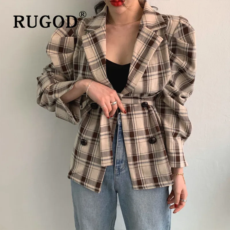 Женский клетчатый пиджак RUGOD винтажный в Корейском стиле с длинными рукавами