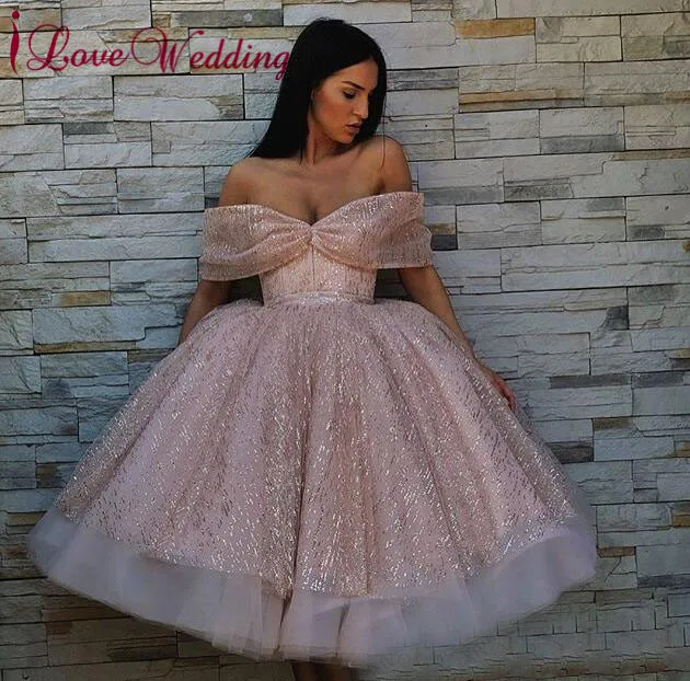 

New Fashion Off the Shoulder Shinning Lace Prom Cocktail Custom made Ball Gown Knee Length Short Cocktail Dress