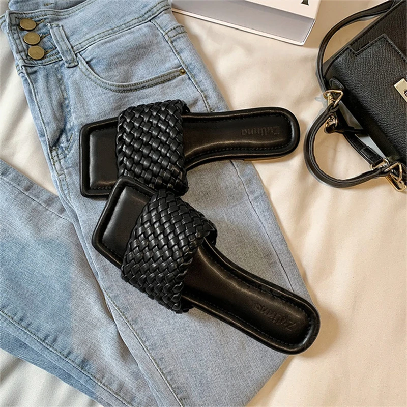

Women's Shoes Slippers 2021 Summer New Woven Flat Slippers Outer Wear Flat Heels Fashion Square Toe Ladies Sandals and Slippers
