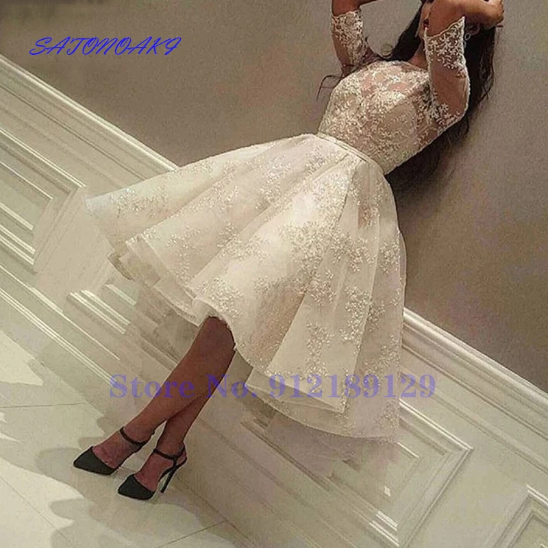 

Vestido De Novia Fashion Lace White Ivory Short Wedding Dresses O-Neck Half Sleeves Tea Length Bridal Gown Robe De Mariée France