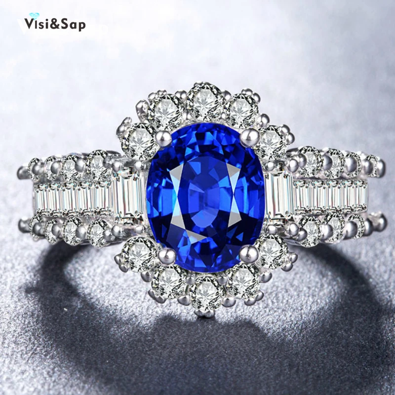 Visisap роскошный овал Синий Циркон Кольца для Для женщин полный камень свадебные