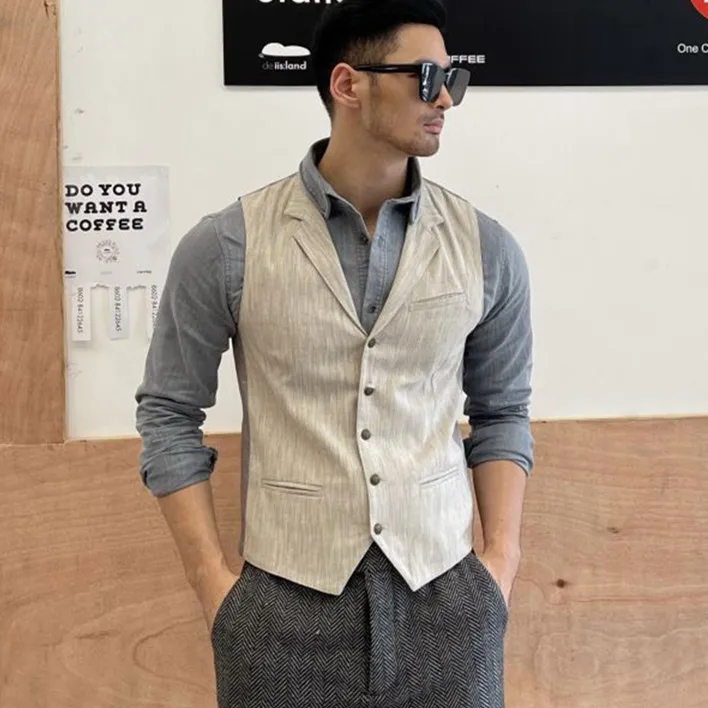 Весенне летний новый мужской жилет из пенькового хлопка с отворотом Мужской
