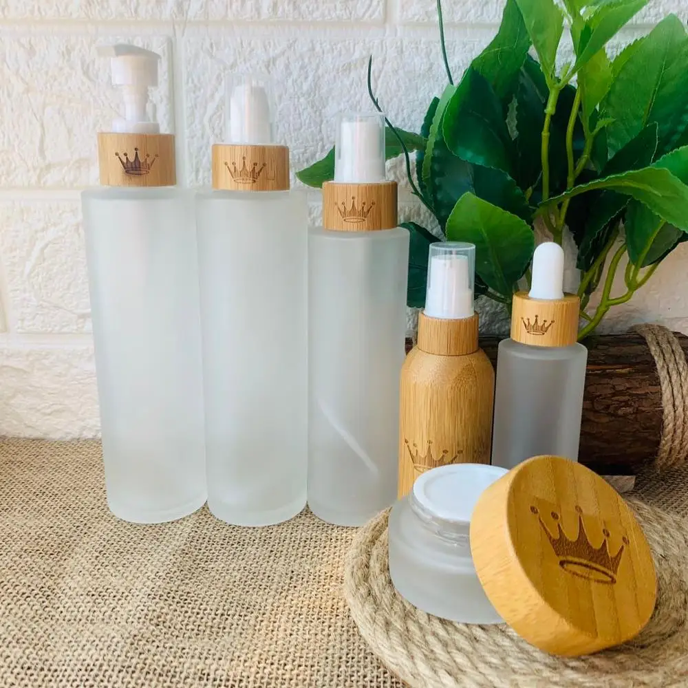 

70 pcs/lot 150ml body lotion containers transparent frosted glass bottle with bamboo lid bamboo pump bottle