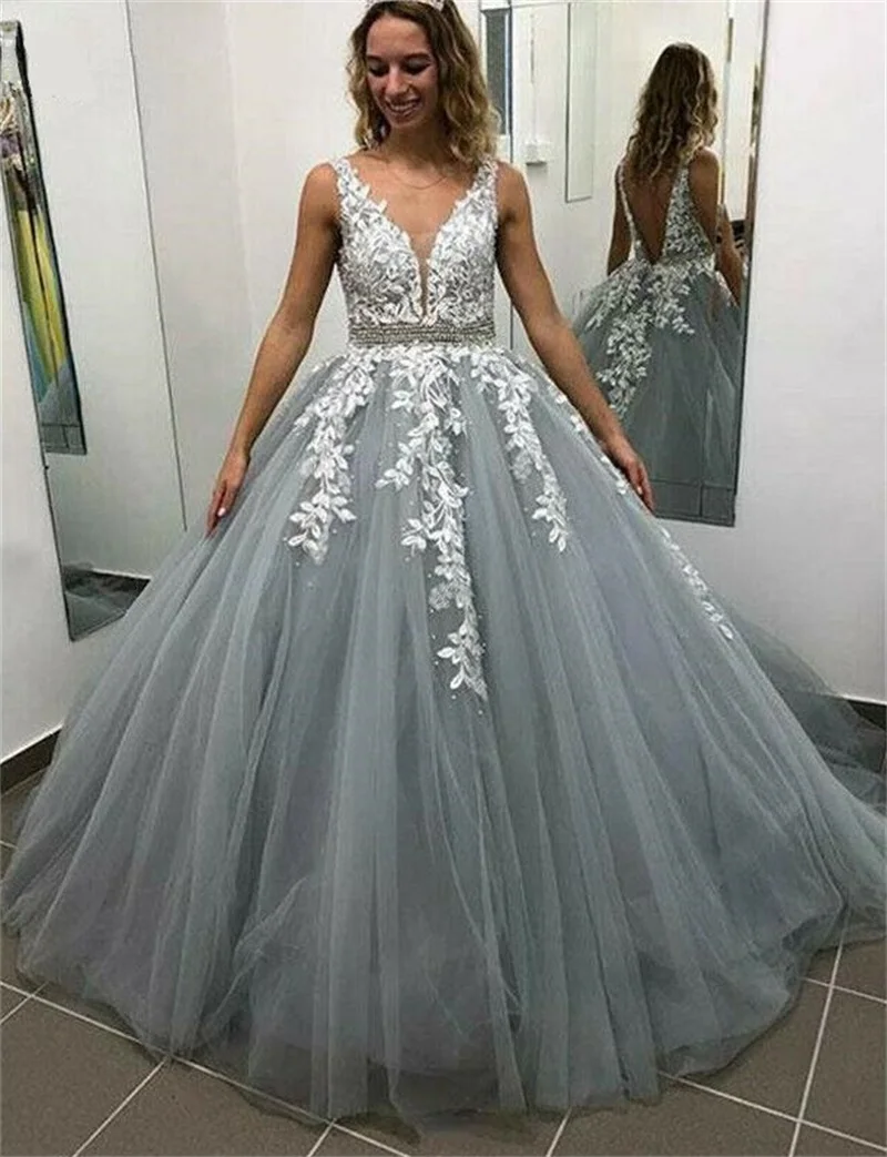 

New Luxury Tulle A Line Wedding Dresses V-neck Vintage Lace Vestidos De Novia Sweep Train Bridal Dress suknia slubna Backless