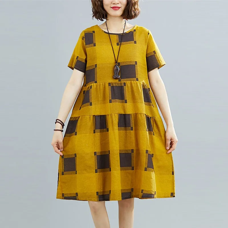 Женское Повседневное платье в клетку свободное хлопково-льняное Платье До