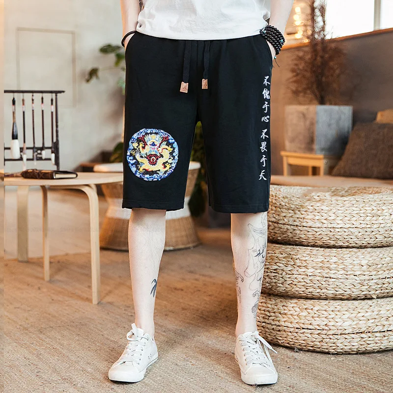 

Summer Retro Chinese Style Men Fashion Dragon Embroidery T-shirt Tops Shirt Beach Shorts Suit Wide Leg Pants Kung Fu Uniform Set