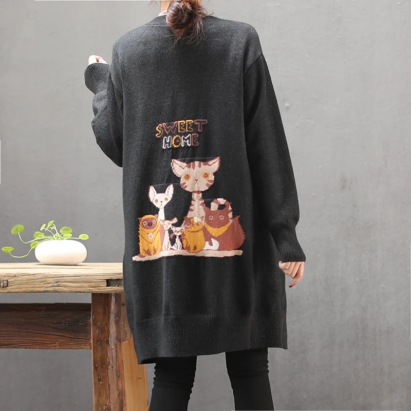 

Oversized Cartoon Floral Sweater Women Cardigan Long Loose Casual Knitted Pull Femme Sweater Kardigan Sueter Sweters Ladies 2021