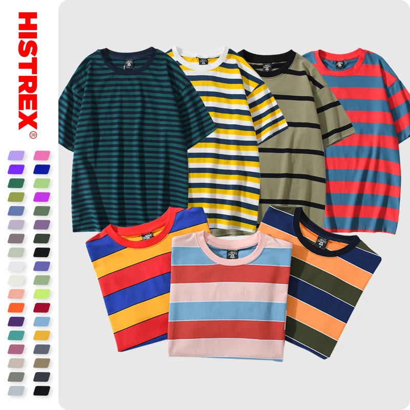 

HISTREX 50 Colors Stripe 100% Cotton Men T Shirt T-shirt Summer Vintage Top Brand Tshirt Tee Man Women Top Harajuku Shirt 200g