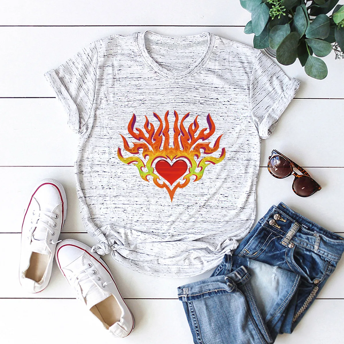 

JFUNCY Plus Size Women Tops Flame Print Casual Woman Cotton T-shirt Summer Female Tee Shirt Oversize Short Sleeve Lady Tshirt