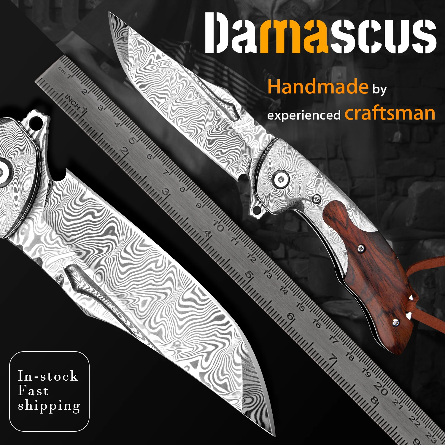 Handmade Damascus Folding Knife with Leather Sheath EDC Camping Tools for Outdoor Activities Self Defense Collection Men's Gift