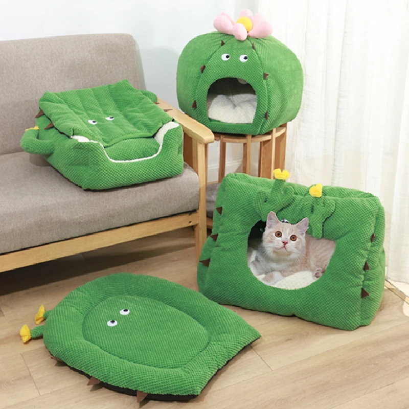 

2021NEW! High Grade Soft Pet Bed Kennel Cactus Dog Cat Winter Warm Sleeping Bag Plush Large Puppy Lounger Cushion Mat Portable