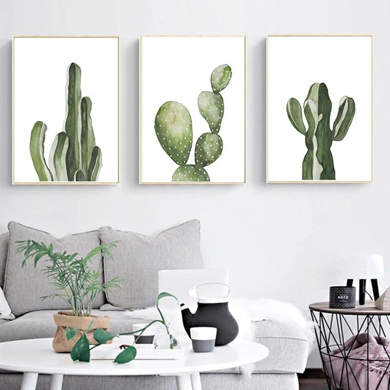 Акварельные суккуленты зеленые растения холст художественный печатный плакат