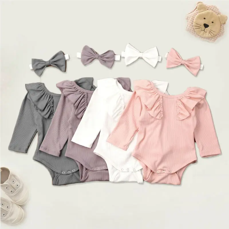 2019 Baby Spring Autumn Clothing Newborn Girl Clothes Set Ruffle Solid Ribbed Bodysuits Long Sleeve Jumpsuit +Headband 2PCS | Мать и
