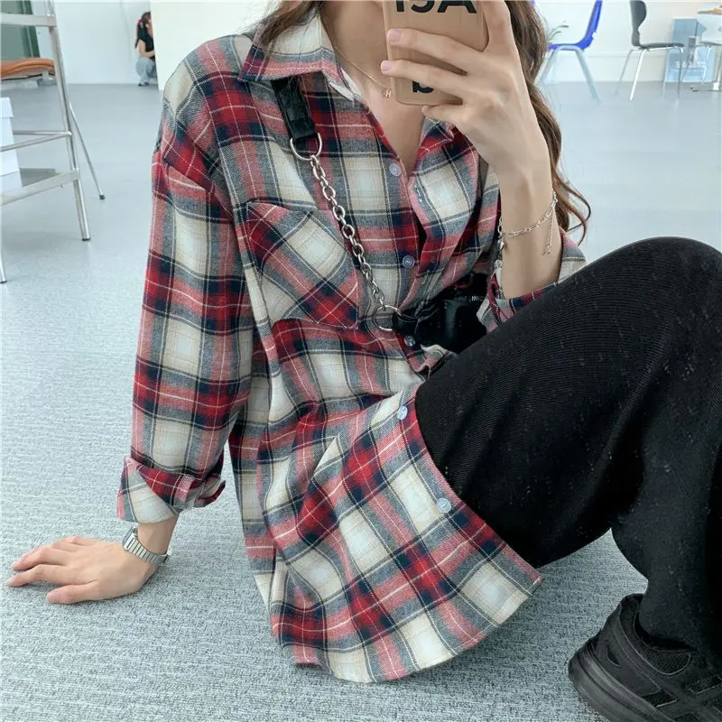 

COIGARSAM Full Sleeve Shirt Womens tops New Plaid Women shirts Red Blue 338