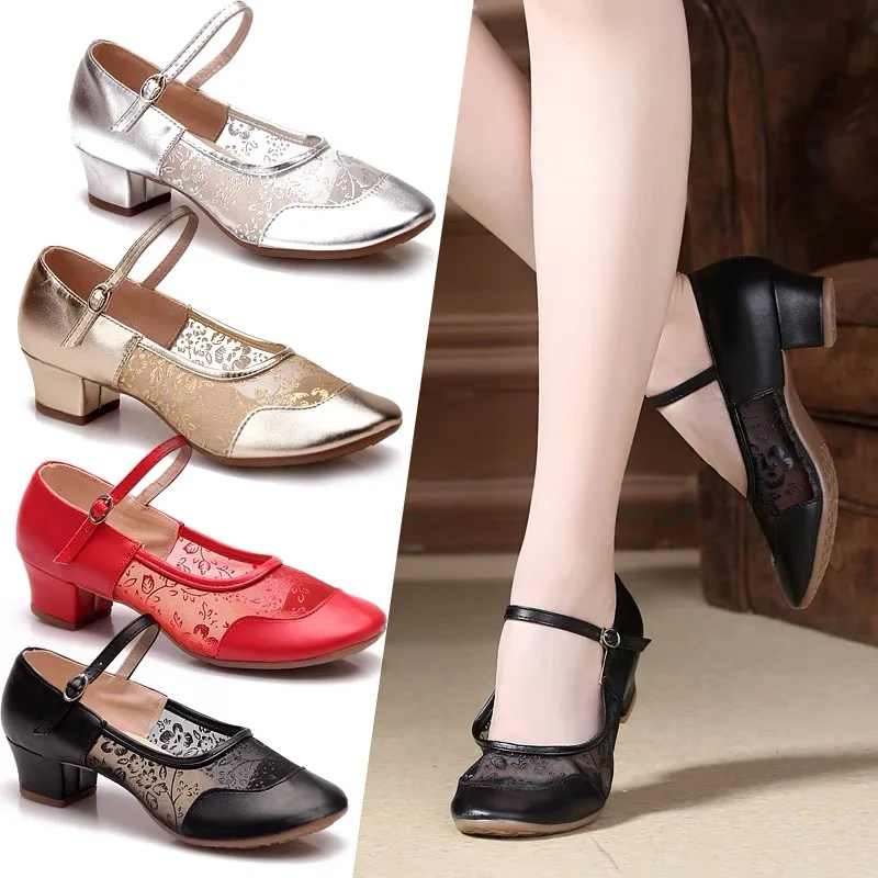 Dance shoes mid-heel dance shoes female adult leather soft-soled dancing shoes