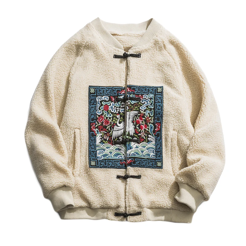 Crane Embroidery Dreamless Chinese Style Men's Winter Thickened Lamb Wool Stand-up Collar Cotton-Padded Coat Couple