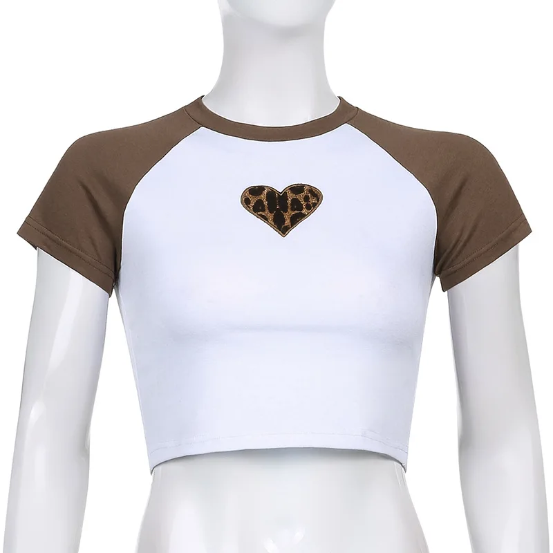 

Mandylandy Women Elegant Heart Leopard Print Crop Top Shirt Lady Short Sleeve O Neck Slim Fit Short Bottoming T-shirt