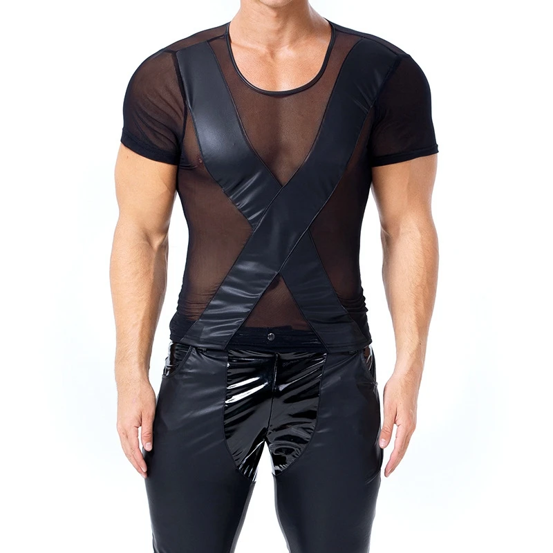 Футболка мужская из искусственной кожи готическая Сексуальная Сетчатая
