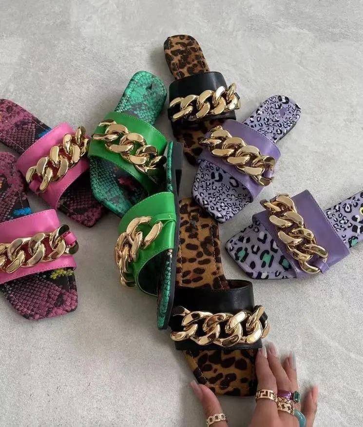 

Women Punk Slip-on Metal Chain Decoration Slippers 2021 Non-slip Ladies Leopard Soft Comfortable Chain Rose Handmade Flats