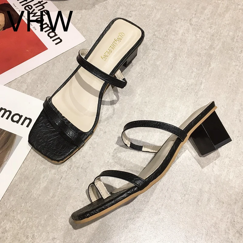 

Women Sandals 2021 Fashion White Narrow Band Squrare Open Toe Mid Heels Concise Shoes Casual Black Classic Female Slippers