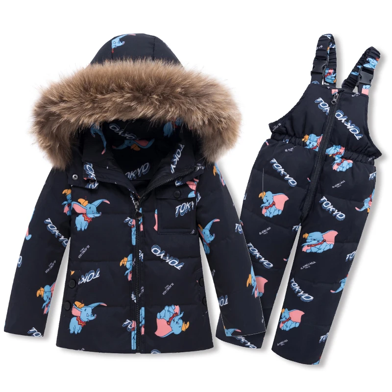 

Winter Children's Clothing Sets Warm baby boy Ski suits Snowsuits real Fur Girl's Down Jackets Outerwear Coat+suspender jumpsuit