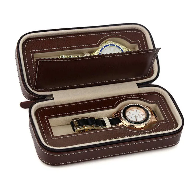 

2 Slot Portable Black Carbon Fiber PU Leather Watch Zipper Storage Bag Travel Jewelry Watch Box Bag Personalized Luxury Gift