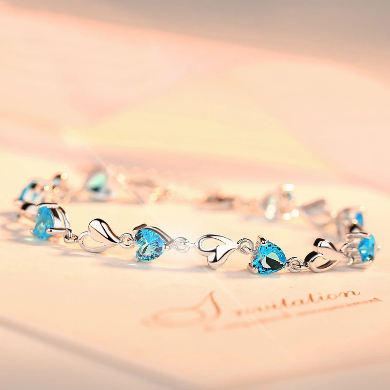 Женский браслет в форме сердца, романтичный браслет из серебра 925 пробы с голубым топазом, аметистом и драгоценными камнями, подарочные брас... от AliExpress RU&CIS NEW