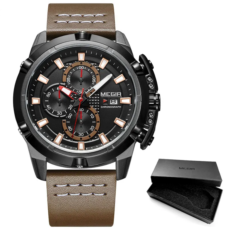 ML2062G-Brown MEGIR гоночная серия хронограф кварцевые часы для мужчин модный кожаный ремешок водонепроницаемые аналоговые наручные часы fro Man 2062BKBN - Цвет: ML2062G-Brown