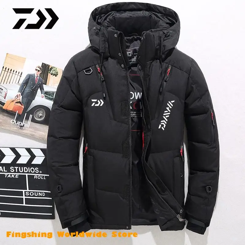 

Men's White Duck Down DAIWA Fishing Jacket Warm Hooded Thick Puffer Jacket Coat Man High Quality Thermal Winter Fishing Wear