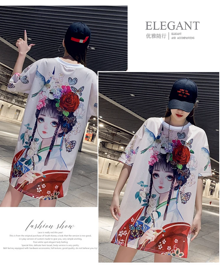 

Houthion Loose Cartoon Printed Women's T-shirt Chinese Style O-Neck Top Korean Top Summer Fashion Casual Short Sleeve