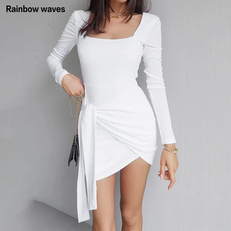 

Rainbowwaves Fashion Square Collar Wrap Hip Short Dresses Bandage Long Sleeve Backless Mini Dress Slim Sexy Street Female Autumn