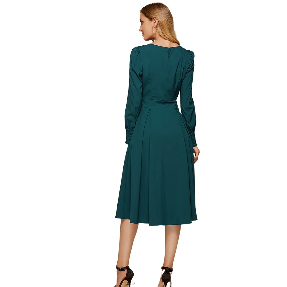 

2021 spring and summer new women's dresses Hepburn style elegant lantern sleeve mid clothing round-neck splicing party A-skirt