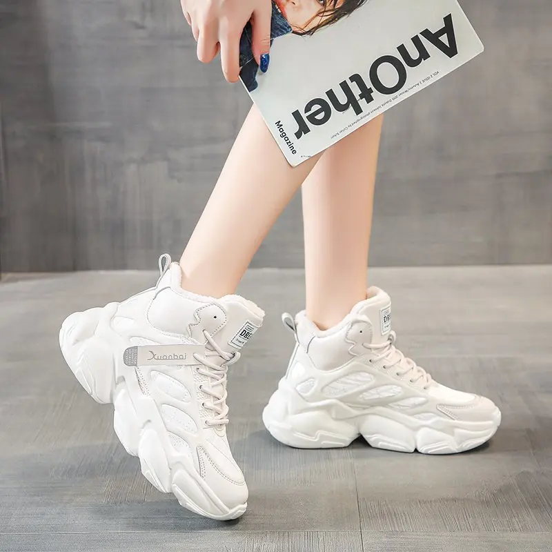 

Solid Color Keep Warm Snow Boots Women Round Toe Lace Up Ankle Boots Winter Short Plush Platform Women Shoes
