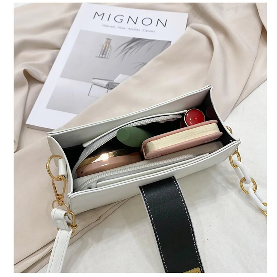 

Women Shopping Handbag Solid Color Stone Pattern PU Leather Crossbody Baguette Bag Chains Decoration White Quilted Shoulder Bags
