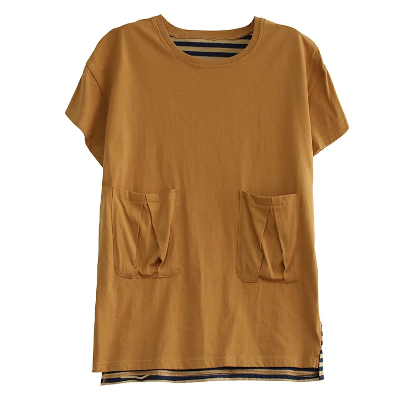 

Masss Wasss 2021 Summer Korean Style Clothes Women Red Short Sleeve T-shirts Girl Striped Casual Tops Ladies O-Neck Pockets Tee