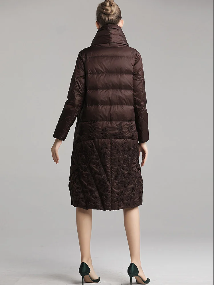 Зимнее пуховое пальто со стоячим воротником Винтажный стиль вышивка Тонкий