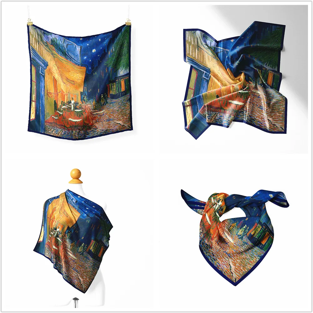 

Twill Silk Scarf Oil painting cafe Woman Night Painting Square Scarves Wraps Bandana Small Hijab Foulards Headband Neckerchief