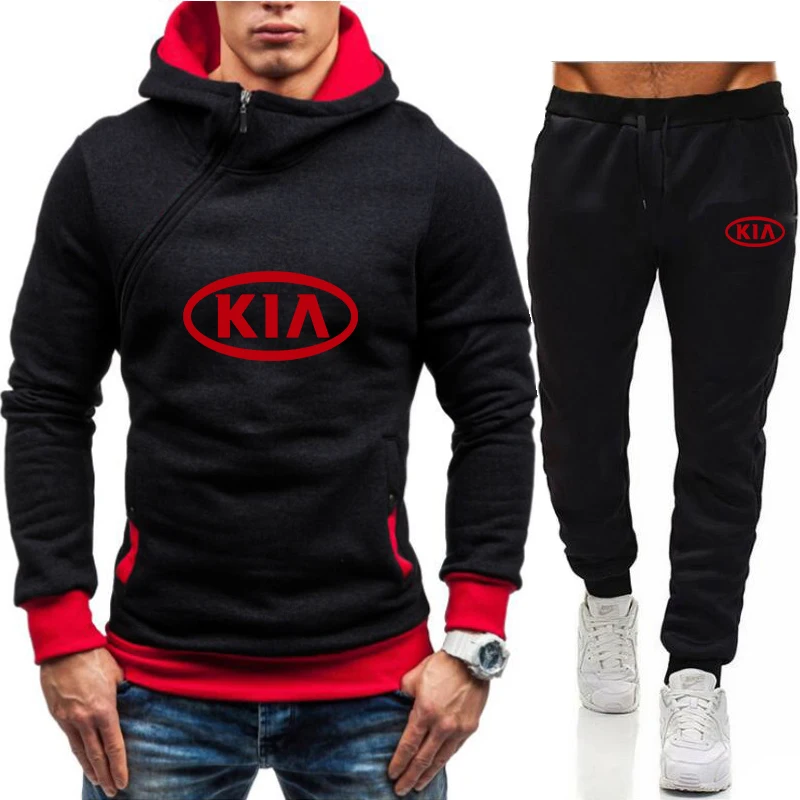 

2021 autumn and winter men's two-piece KIA car logo diagonal zipper pullover hooded sweater jogging sports hip-hop street suit