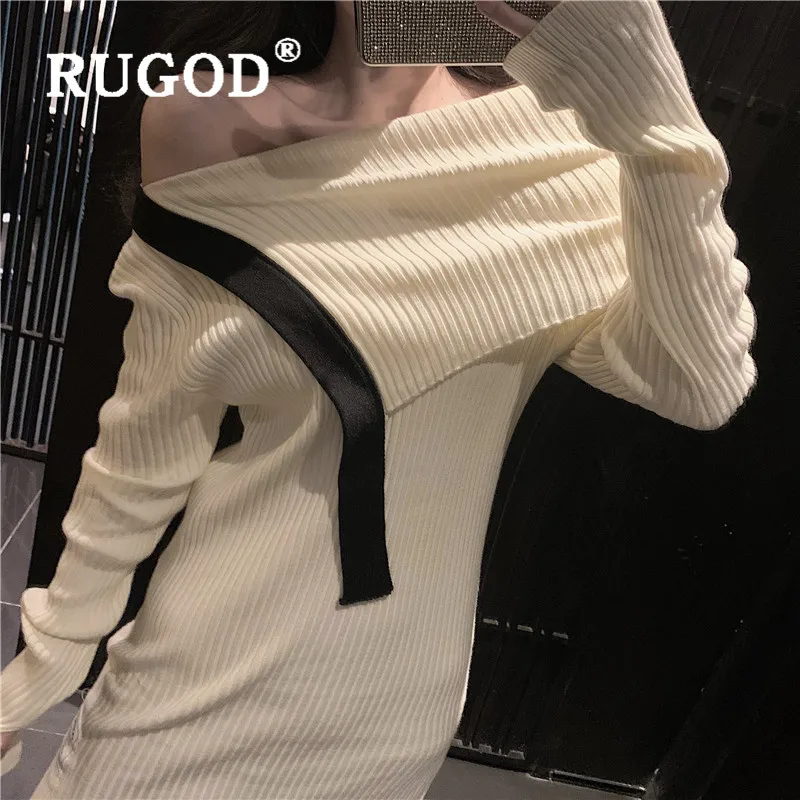RUGOD винтажное сексуальное платье-свитер на одно плечо элегантный джемпер для