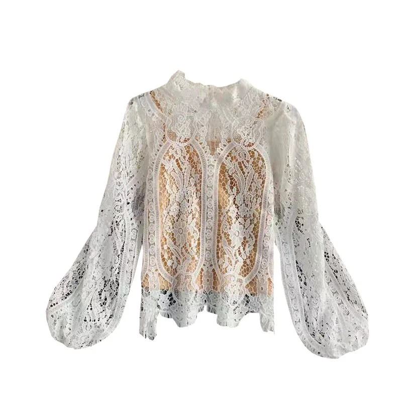 

Сексуальная кружевная ажурная короткая блузка, повседневные рубашки с длинным рукавом-фонариком и воротником-стойкой, женские элегантные ...