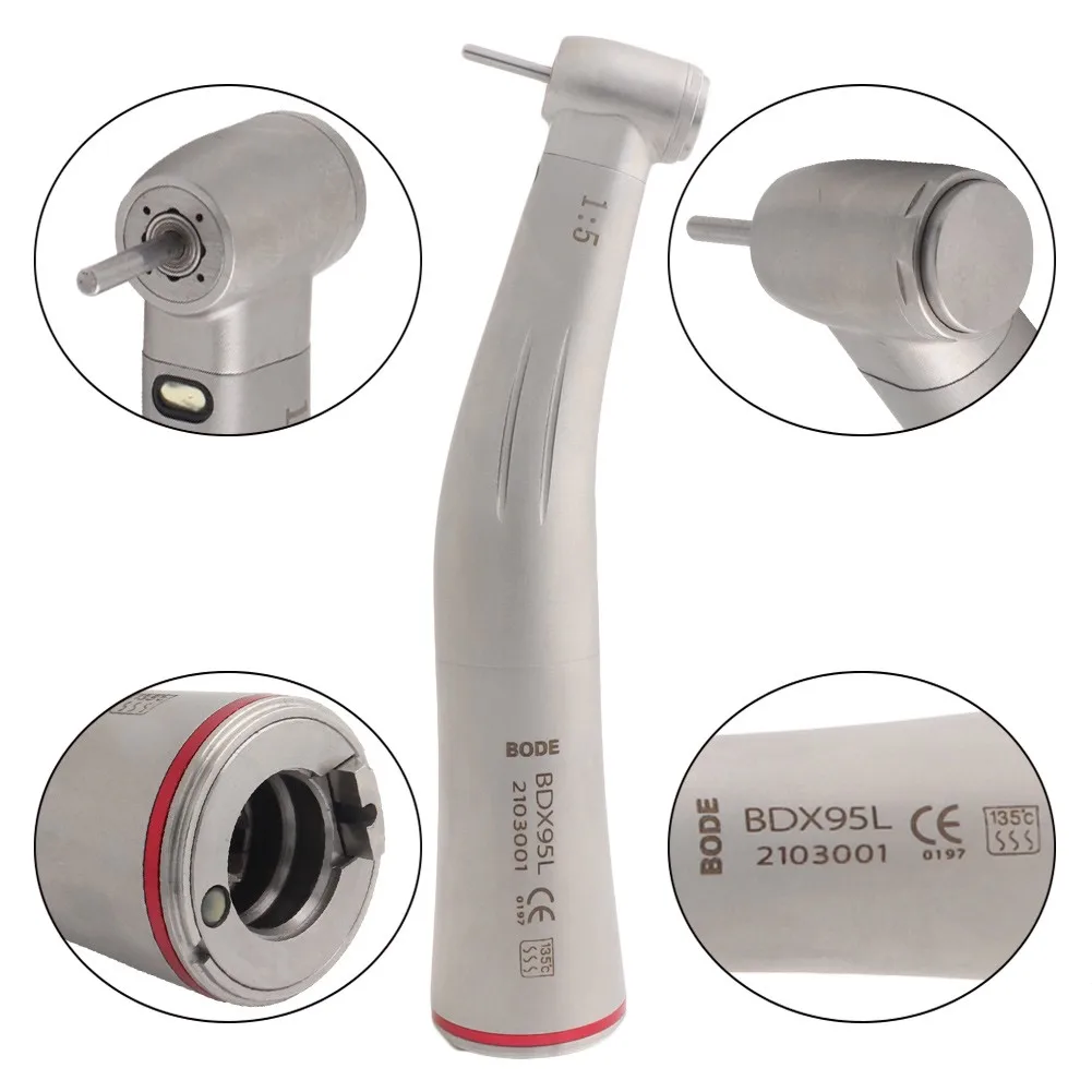 

Dental LED Fibre Optic Contra Angle Handpiece 1:5 Increasing Air Turbine Inner Water Red Ring BODE BDX95L