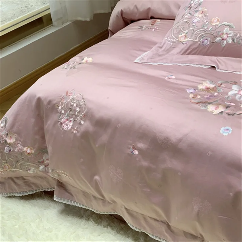 4/7 шт. 800TC египетского хлопка розового цвета с вышивкой и цветочным принтом