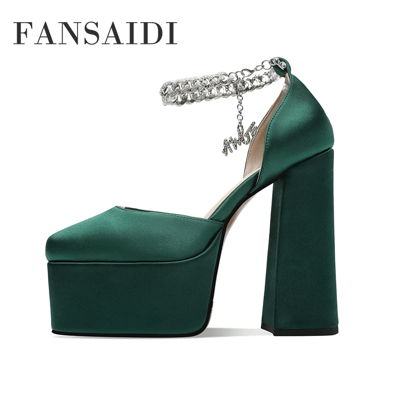 FANSAIDI-zapatos de verano a la moda para mujer, calzado Sexy de tacón grueso, color verde oscuro, albaricoque, a prueba de agua, 33 40